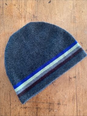 Bloomingdale's Gray Knit Beanie with Blue, Cream, and Brown Stripes